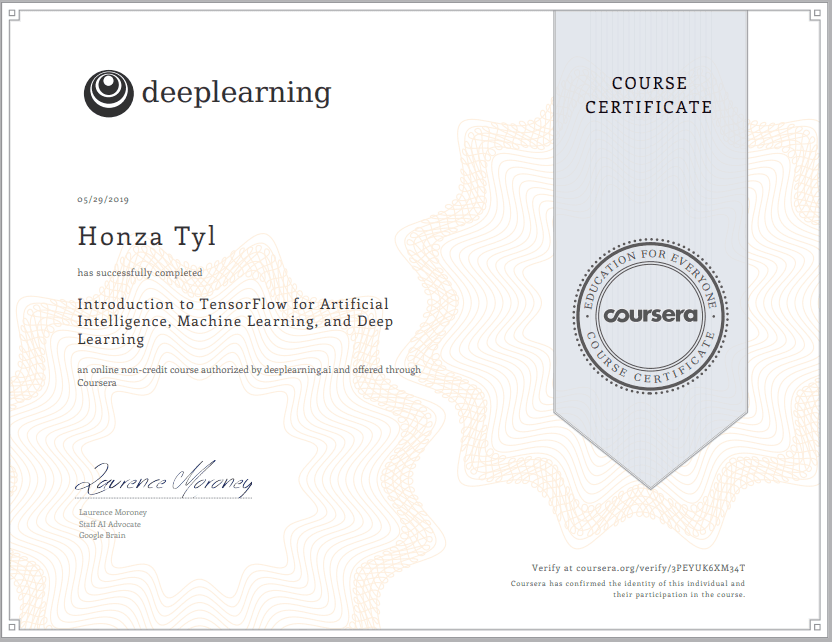 Another Certificate for the Collection: Introduction to TensorFlow for Artificial Intelligence, Machine Learning, and Deep Learning.