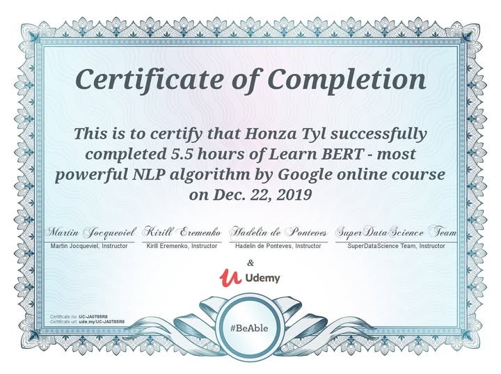 Právě jsem dokončil kurz "Learn BERT - most powerful NLP algorithm by Google". J…