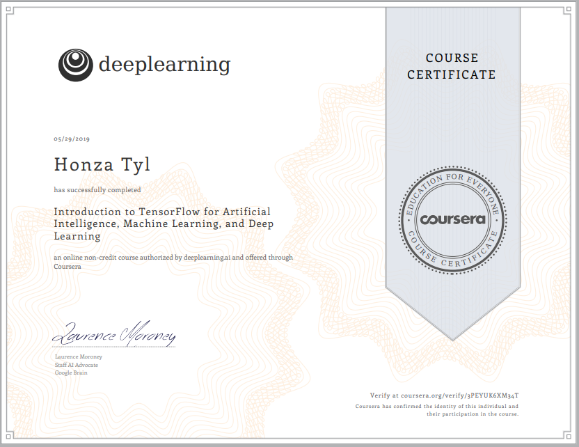 Another Certificate for the Collection: Introduction to TensorFlow for Artificial Intelligence, Machine Learning, and Deep Learning.