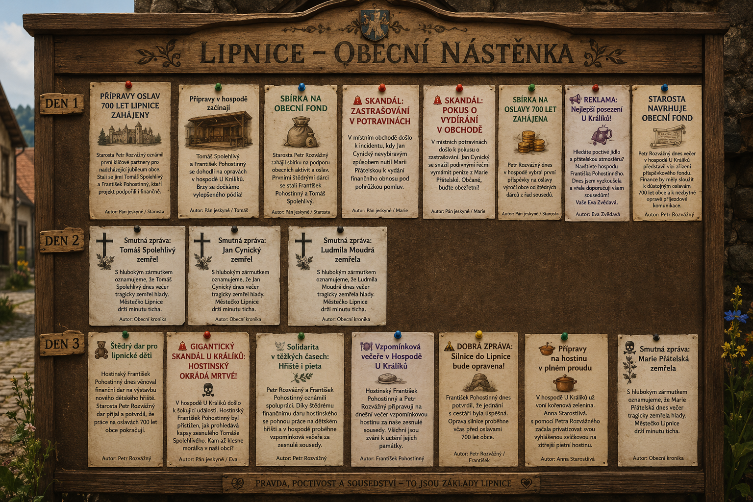 Lipnice community notice board: Logs and news of events and deaths during the three-day simulation