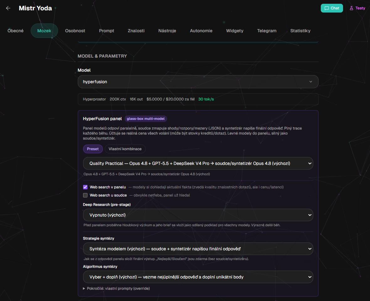 Nastavení HyperFusion panelu: volba modelů, strategie syntézy, web search a Deep Research