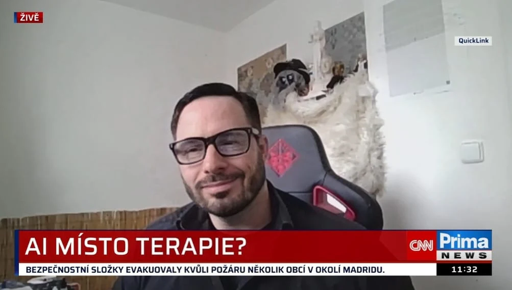 Jan Tyl during a live CNN Prima NEWS appearance about AI instead of therapy