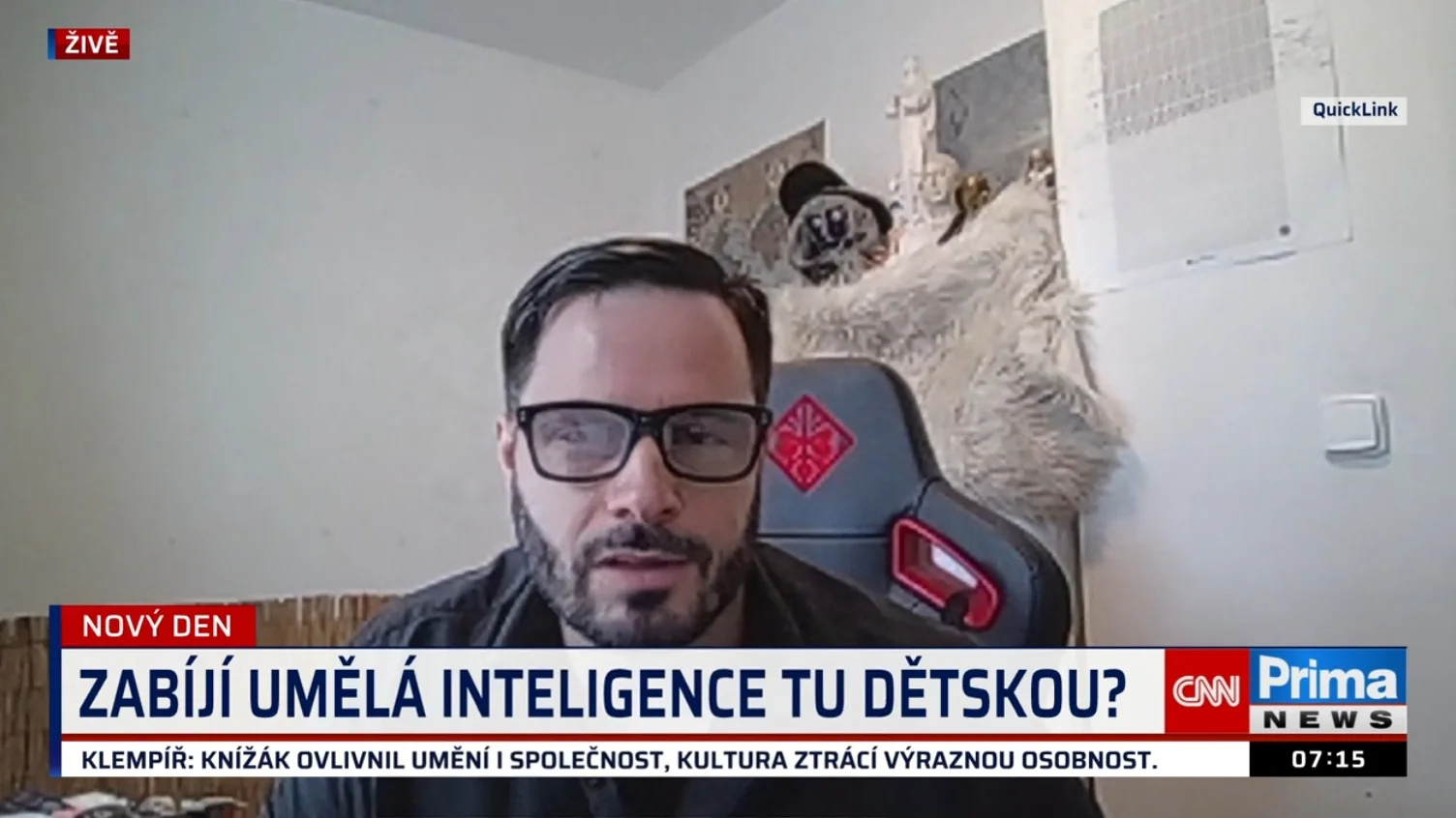 Jan Tyl speaking live on Nový den about AI and children's creativity