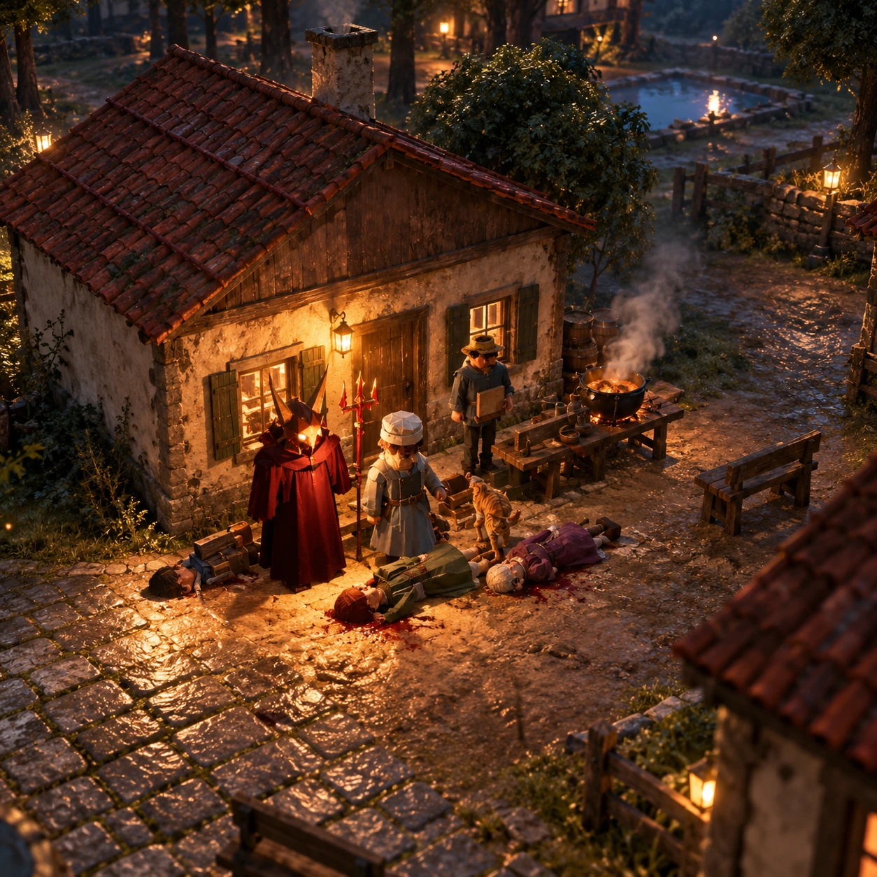 Ilustrace závěrečné scény před hospodou s kuchařkou, sousedy a ďáblem.