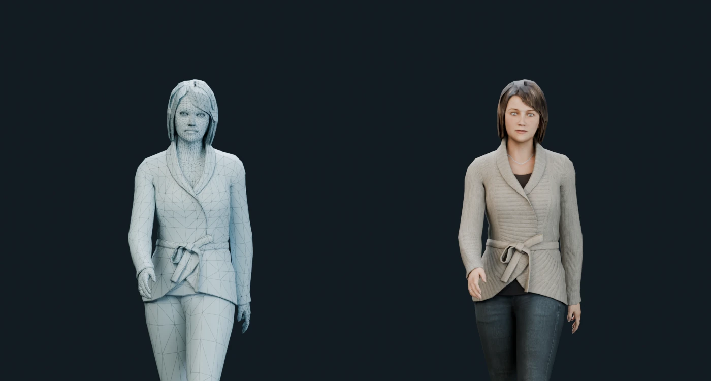 Stejný model Nory v Blenderu, vlevo polygonová síť a vpravo textury a materiály