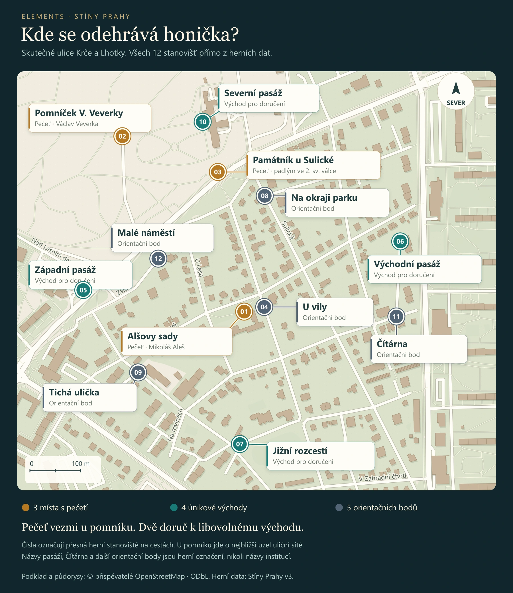 Mapa Stínů Prahy se všemi 12 přesně umístěnými stanovišti: Alšovy sady, pomníček Veverky, Sulická a čtyři východy