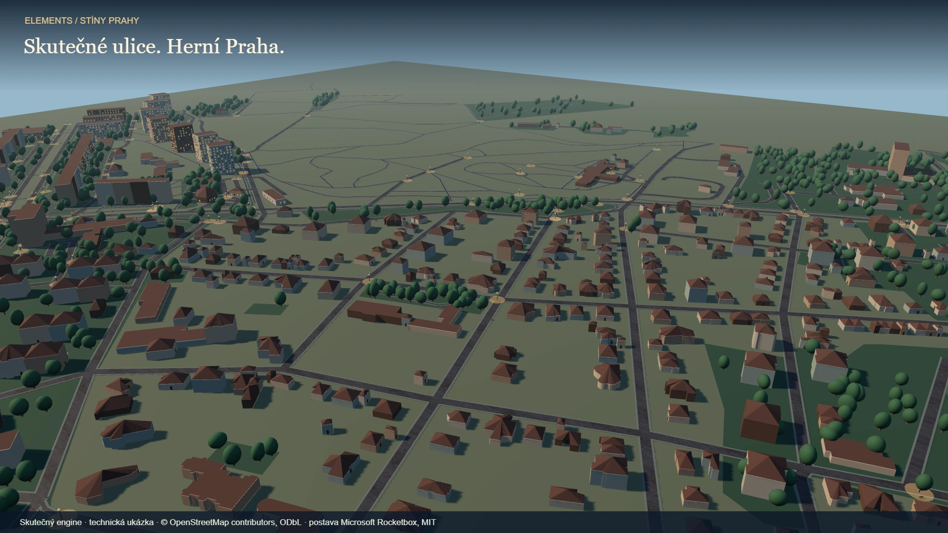 Pohled na skutečnou mapovou síť Krče a Lhotky ve 3D enginu Stínů Prahy